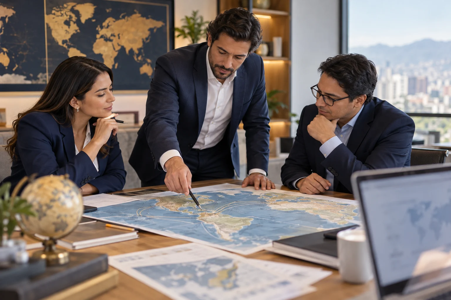 Profesionales revisando un mapa y documentos de comercio exterior