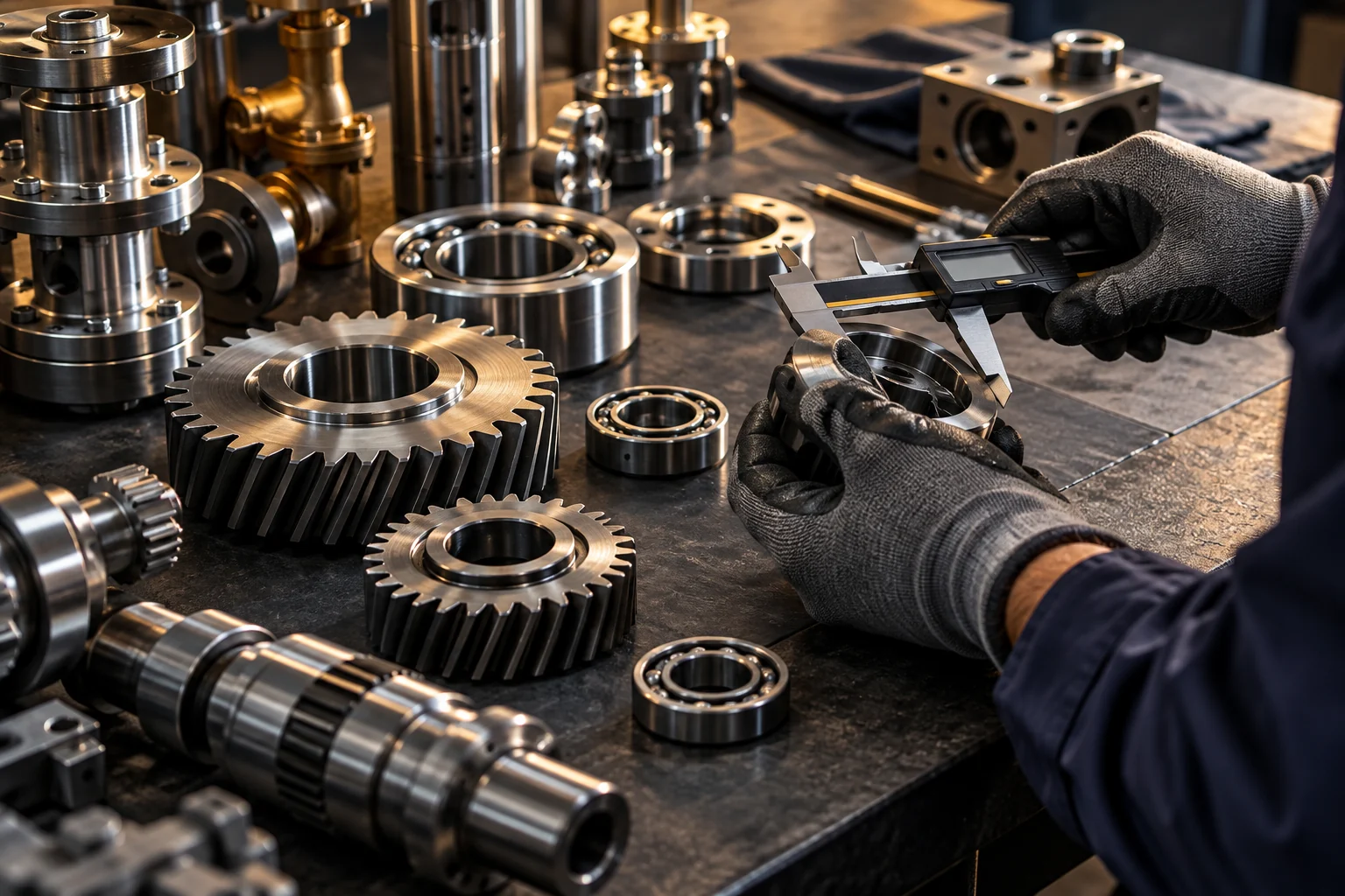 Engranajes, rodamientos y componentes industriales en una mesa técnica
