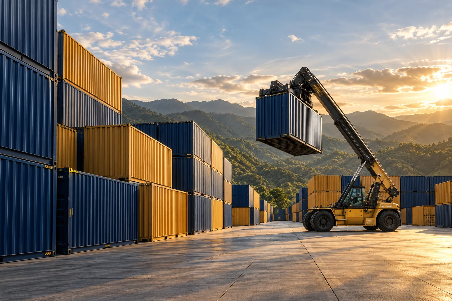 Contenedores y un equipo de carga en un patio de exportación