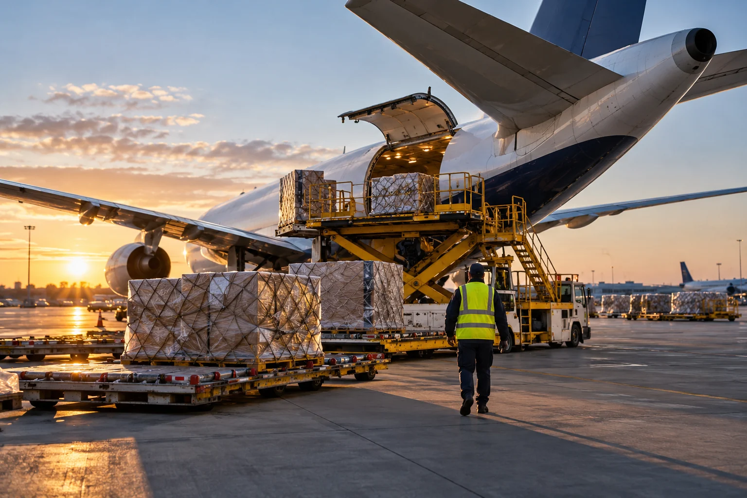 Carga aérea y pallets en una terminal internacional