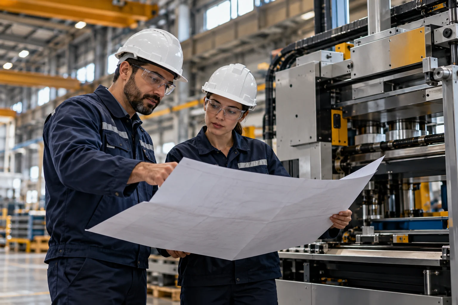 Especialistas revisando un plano junto a maquinaria industrial